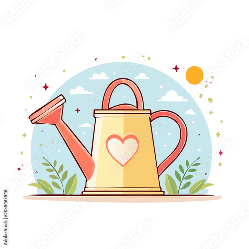 Flat Design Watering Can with Heart and Nature Elements