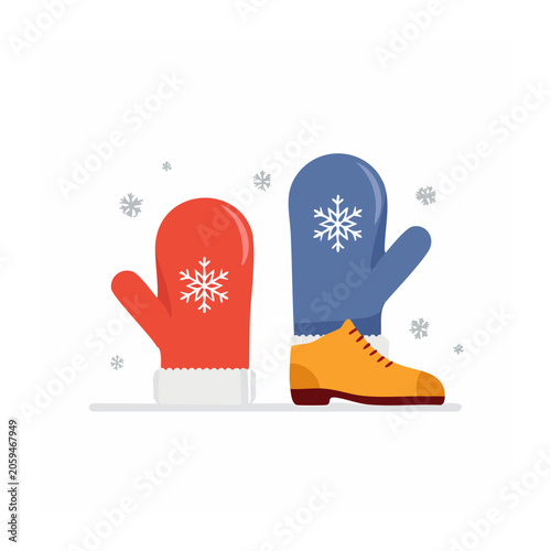 Flat design winter clothing illustration with mittens and shoe