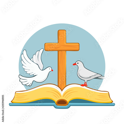Open Bible with Cross and Two Doves Illustration