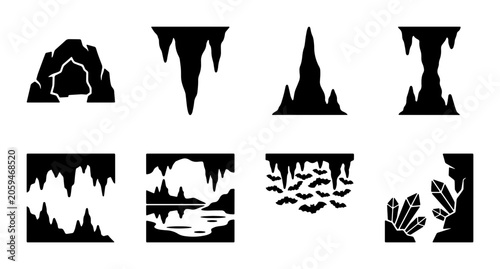 Schilderij op canvas Cave Entrance and Stalactite Icons, Underground Rock Formations, Dark Grotto and