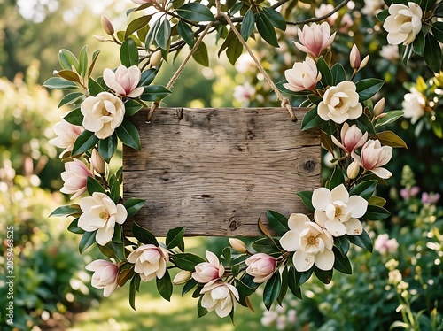 Blank Rustic Wooden Sign with Magnolia Flower Wreath in Sunny Garden