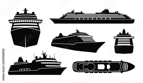 Cuadro en lienzo Cruise Ship Vector Icons: Multiple Views of Passenger Vessels, Nautical Transpor