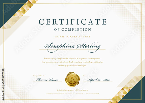 Elegant Certificate of Completion Template - Modern Design with Gold and Green Geometric Accents