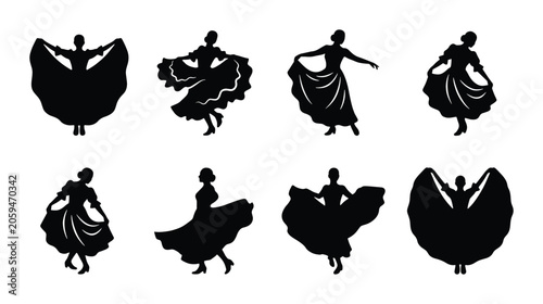 Fotografía Dancers Silhouettes, Folkloric Ballet Figures, Elegant Flamenco Poses, Vector Co