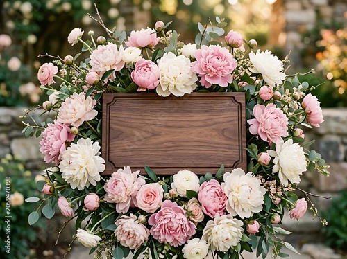 Blank Wooden Sign Mockup Surrounded by Pink and White Peony Floral Arrangement
