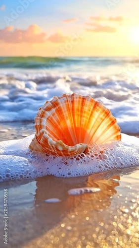 A beautiful seashell rests on the wet sand at sunset time