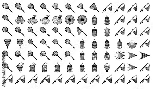 Foto Black Fishing Net Icons Vector Pack with Landing Nets and Angling Equipment