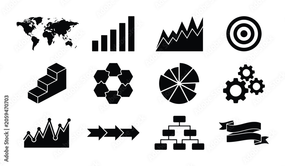 Naklejka premium Business Data Icons Set: World Map, Charts, Target, Stairs, Pie Chart, Gears, Flowchart, Banners