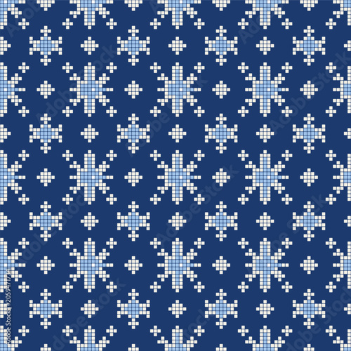 Seamless Scandinavian Nordic Flower Star Pattern Blue White Folk Winter Geometric Vector