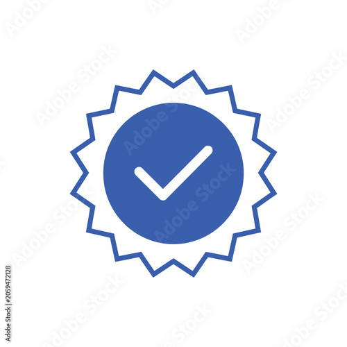 A blue circular badge with a white checkmark symbol inside, isolated on a white background, flat for approval or success