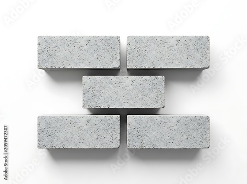 Five Gray Concrete Bricks Arranged on a White Background Top View