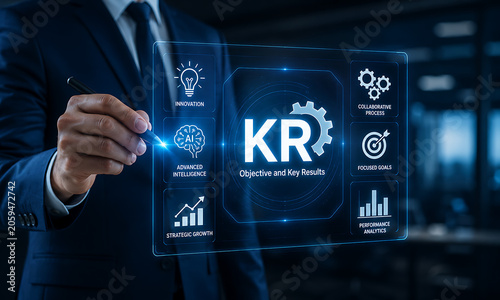 Businessman pointing at Key Results KR metrics on a futuristic digital interface with icons for growth and strategy