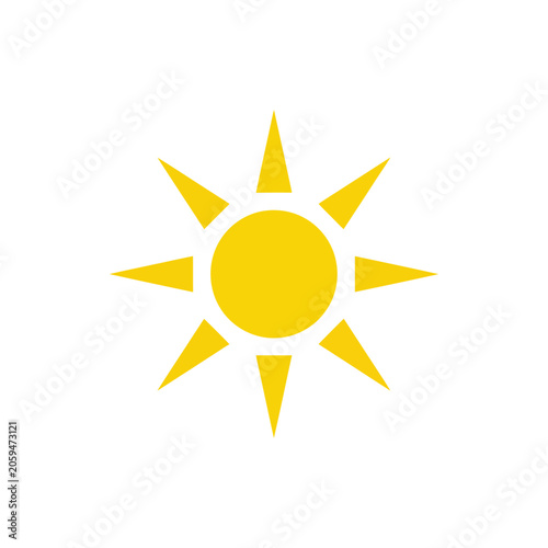A bright yellow sun with eight sharp triangular rays, isolated on a white background, representing weather, summer, or energy concepts