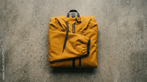 Folded yellow waterproof hooded jacket on a concrete background