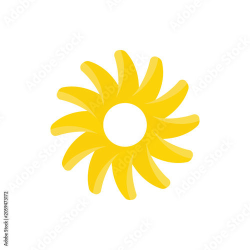 A bright yellow sun with twelve curved rays, stylized for weather or summer themes, isolated on a white background