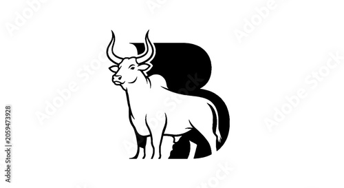 Black and white illustration of a bull with large horns.