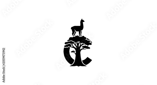 Silhouette of Llama Standing on Tree and Letter C.