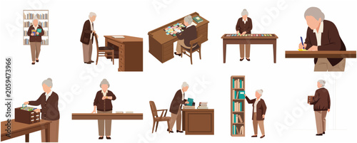 Foto Set of flat illustrations of an elderly female librarian or archivist performing various tasks such as organizing books, filing, and managing documents in a library or archive office