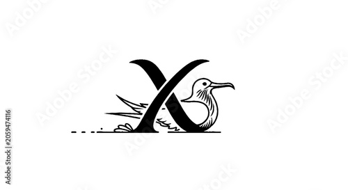Black and white bird and letter X illustration.