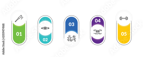 outline sports icons set - baseball bat, boxer with belt, swimming, gym weight. editable vector for web and mobile ui