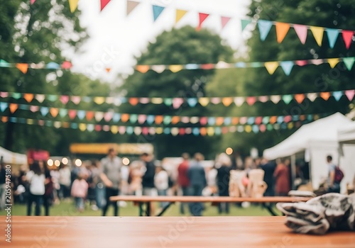 Blurred background of colorful party bunting flags hanging above a summer festival with people and tents