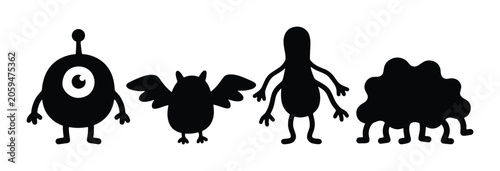 Fotografia Cute Monster Silhouettes, Whimsical Alien Characters, Funny Creature Icons, Hall