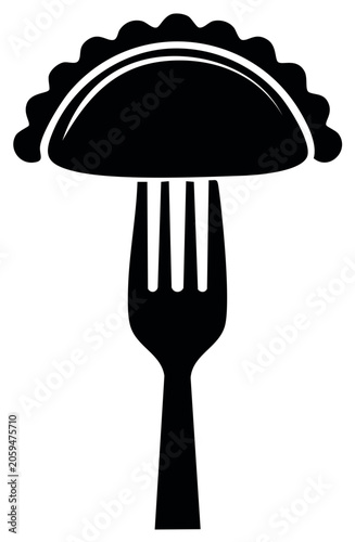 Black silhouette icon of a pierogi or empanada on a fork for a restaurant logo or menu design