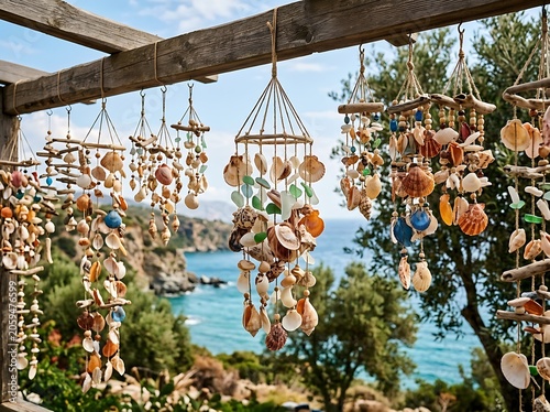 Handmade seashell wind chimes hanging outdoors with a beautiful coastal landscape background