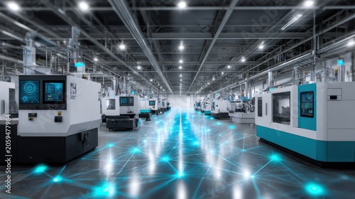 Modern Manufacturing Facility with Advanced Machinery, Digital Connections, and Smart Technologies for Industry 4.0 Innovations in Production Environment
