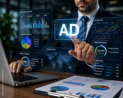 Businessman touching digital advertising interface with charts and graphs during data analysis