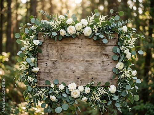 Rustic Wooden Sign Board Framed with White Flowers and Eucalyptus Leaves