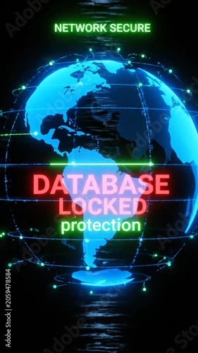 Network security globe interface with database locked alert.