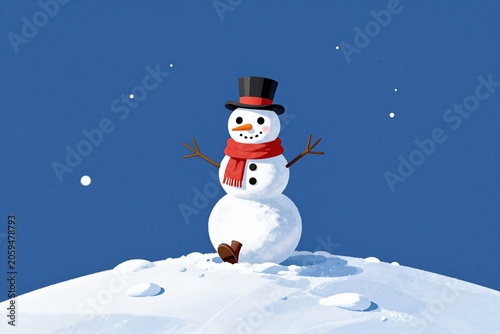 A snowman sitting on top of a snow covered hill