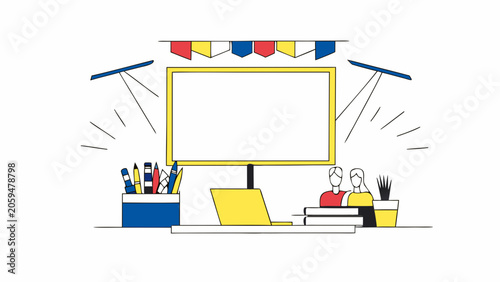 Classroom, education icons, school supplies, teaching tools, illustration set