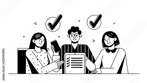 Business teamwork, office collaboration, flat design icons, black and white, vector graphics