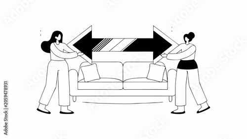 Moving furniture, people carrying sofa, relocation illustration, home decor, interior design elements