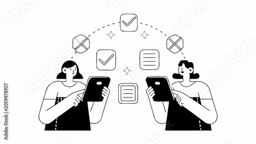 Minimalist vector illustration of two women using smartphones, communication and document icons