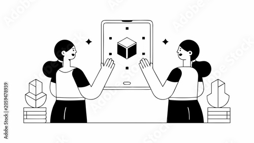 Minimalist vector illustration, business collaboration, teamwork concept, modern line art style