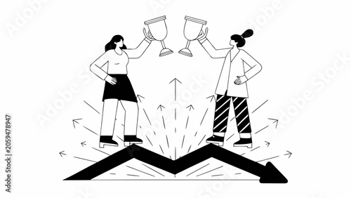 Business success, teamwork, and celebration concept, two women toasting with trophies on growing graph