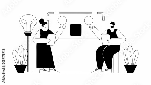 Minimalist office, modern workspace, business people, line art illustration, black and white