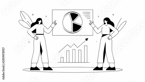 Business strategy, infographic elements, line art illustration, two women analyzing data, charts and graphs
