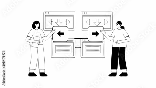 Flat design people exchanging data, file transfer, online collaboration, interface elements