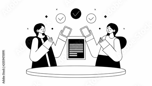 Business negotiation, contract signing, teamwork concept, line art illustration, black and white
