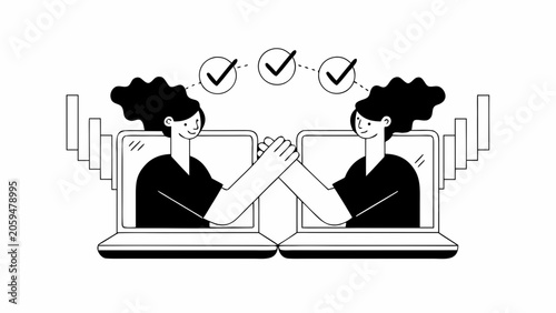 Business partnership, teamwork, handshake, agreement, collaboration, two people, laptops, checkmarks, monochrome vector illustration