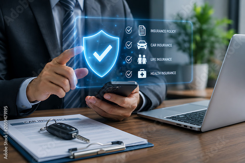 Businessman touching glowing shield with checklist for insurance policies during a digital presentation