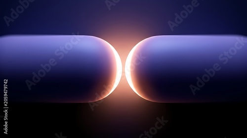 Abstract macro shot of two pill capsules glowing with warm light in dark blue space medicine pharmaceutical abstract treatment