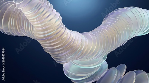 Row of translucent glass discs forming abstract wave shape against blue gradient background with translucent abstract background