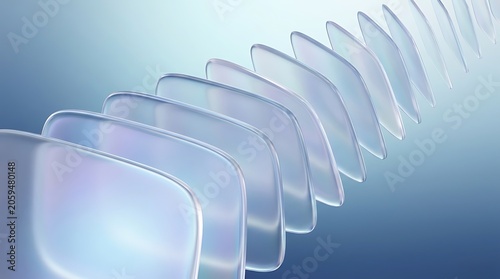 Abstract composition of aligned rectangular glass tiles showing refraction and transparency with rectangular abstract refraction