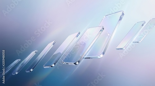 Abstract floating rectangular glass panes angled in motion against soft blue gradient background with floating abstract gradient