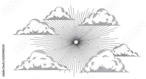 Vintage Engraved Clouds and Sunburst Vector Illustration